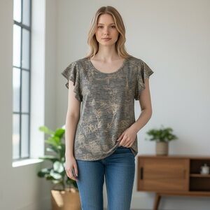 White House Black Market Gold Floral Gray Top L